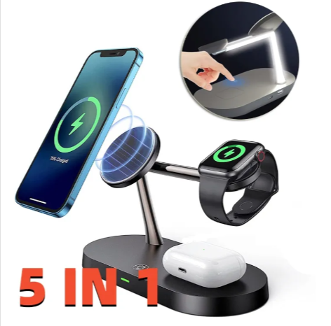 5-in-1 Magnetic Wireless Charging Station with Phone & Watch Stand | 15W Fast Charger