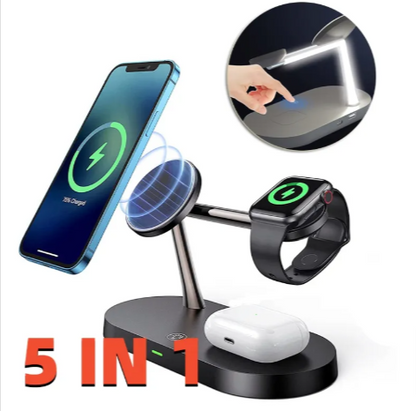5-in-1 Magnetic Wireless Charging Station with Phone & Watch Stand | 15W Fast Charger