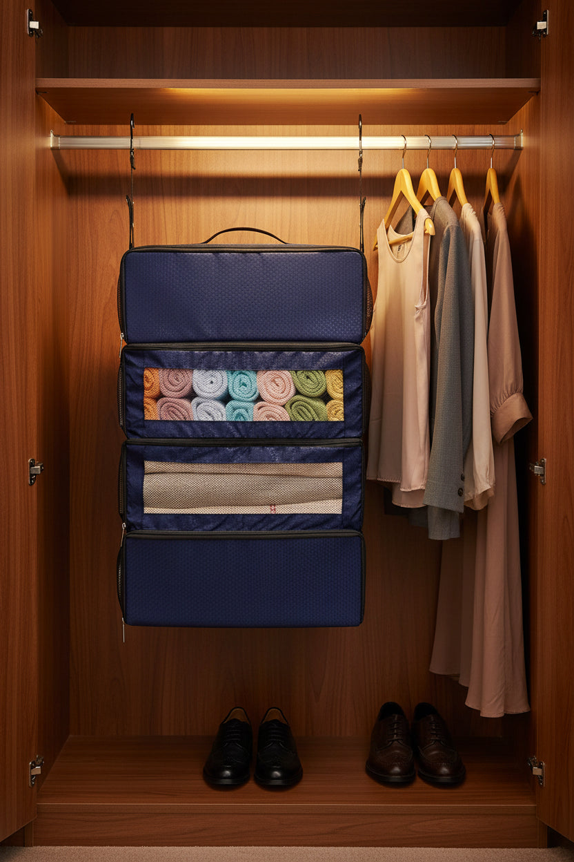 Hanging Suitcase Organizer with 4 Compartments | 600D Oxford Travel Closet Organizer for Clothes, Toiletries & Accessories